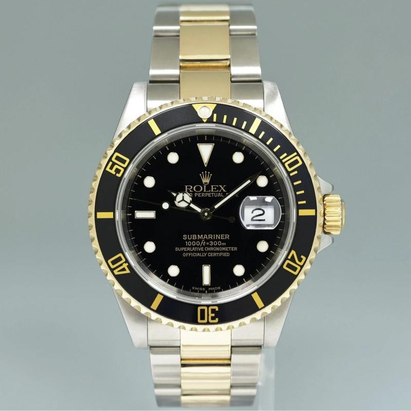 2000 PAPERS MINT GOLD BUCKLE Rolex Submariner 16613 Gold Two Tone Black Watch - 2