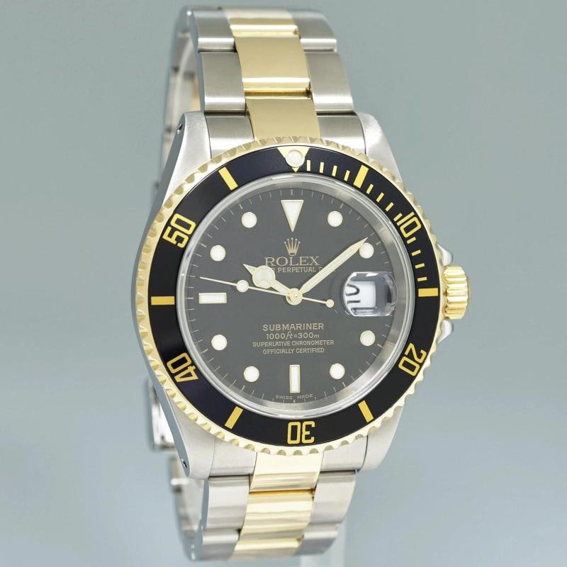 2000 PAPERS MINT GOLD BUCKLE Rolex Submariner 16613 Gold Two Tone Black Watch - 3