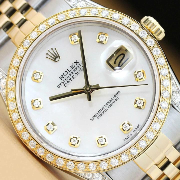 ROLEX MENS DATEJUST 16013 MOP DIAMOND BEZEL AND LUGS 18K YELLOW GOLD SS WATCH (1 of 8)