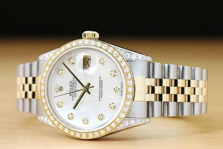 ROLEX MENS DATEJUST 16013 MOP DIAMOND BEZEL AND LUGS 18K YELLOW GOLD SS WATCH - 2