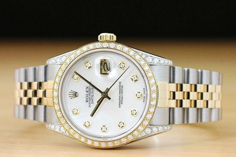 ROLEX MENS DATEJUST 16013 MOP DIAMOND BEZEL AND LUGS 18K YELLOW GOLD SS WATCH - 3