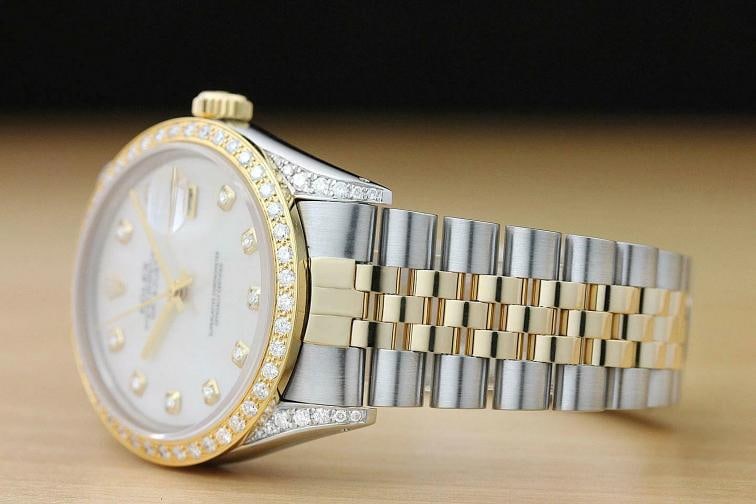 ROLEX MENS DATEJUST 16013 MOP DIAMOND BEZEL AND LUGS 18K YELLOW GOLD SS WATCH - 4