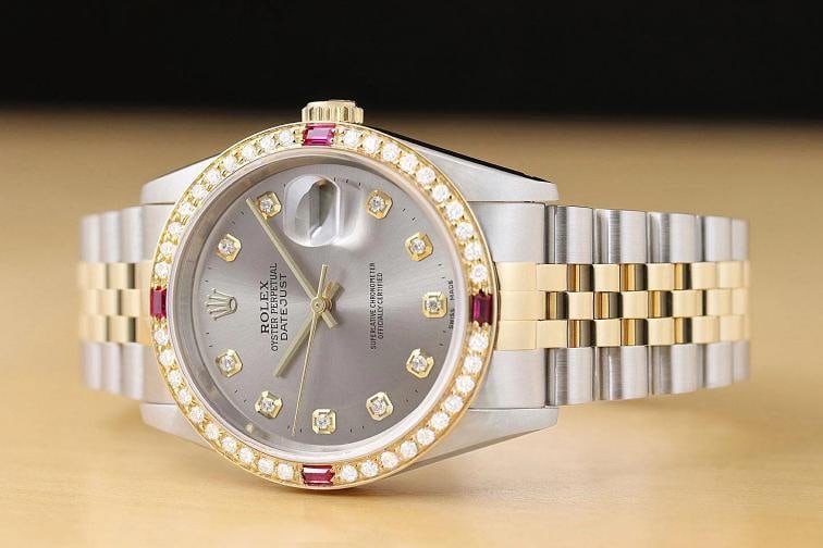 ROLEX MENS DATEJUST 16233 GRAY DIAL 18K YELLOW GOLD STEEL DIAMOND RUBY WATCH - 2