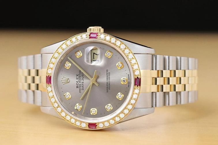 ROLEX MENS DATEJUST 16233 GRAY DIAL 18K YELLOW GOLD STEEL DIAMOND RUBY WATCH - 3
