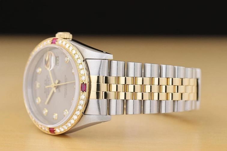 ROLEX MENS DATEJUST 16233 GRAY DIAL 18K YELLOW GOLD STEEL DIAMOND RUBY WATCH - 4