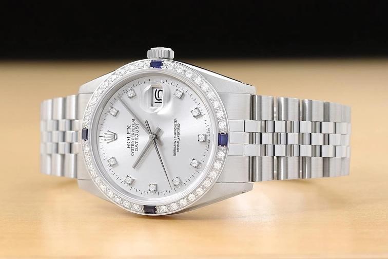 MENS ROLEX DATEJUST 16234 SILVER FACTORY DIAMOND SAPPHIRE 18K GOLD STEEL WATCH - 2