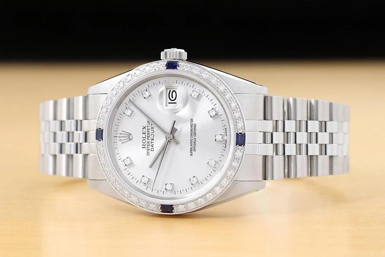 MENS ROLEX DATEJUST 16234 SILVER FACTORY DIAMOND SAPPHIRE 18K GOLD STEEL WATCH - 3