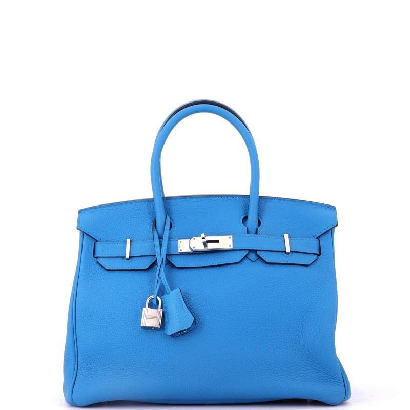 Hermes Birkin Handbag Blue Togo with Palladium Hardware 30: Accessories Clochette Lock Keys Measurements Handle Drop None Height 9 Width 12 Depth 6 Strap Drop None Condition Preowned GoodBrand HermesExterior Material LeatherStyle TotesExterior Color