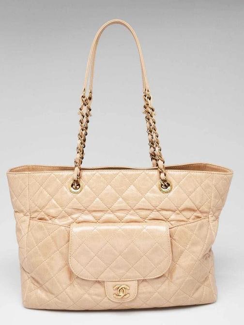 Chanel Beige Quilted Glazed Leather Front Pocket Large Tote Bag: Handle Drop 10 Measurements 14 L x 5 W x 105 H Condition Preowned Good This item has been gently used but is in good condition It might have a few signs of use but all imperfections should be shown an