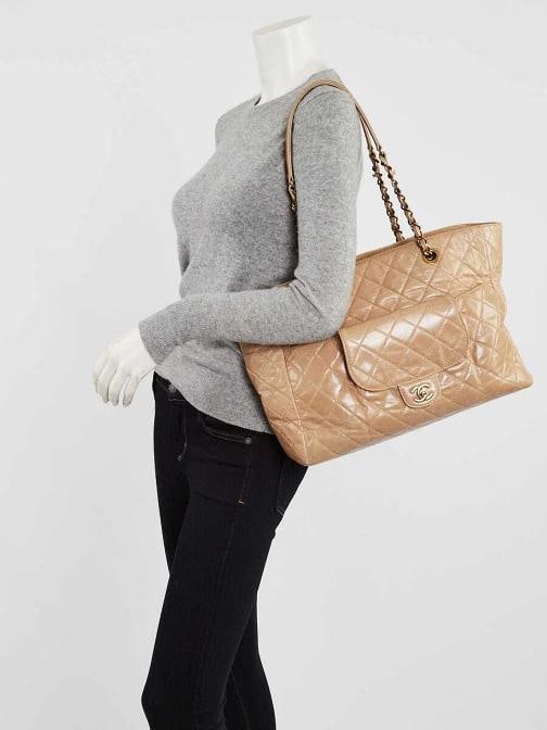 Chanel Beige Quilted Glazed Leather Front Pocket Large Tote Bag - 2