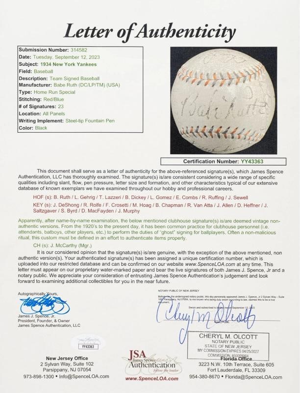 Babe Ruth Lou Gehrig 1934 New York Yankees Team Signed Baseball JSA COA - 7