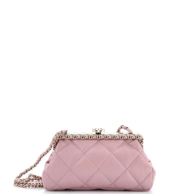 Chanel CC Kiss Lock Chain Around Clutch on Chain Quilted Lambskin: Condition Preowned ExcellentBrand ChanelExterior Material LeatherStyle ClutchesExterior Color PinkDepartment WomenSize Unknown Condition Great Exterior minor scuffs minor creases HandlesStraps