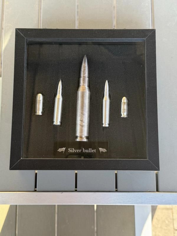 Silver Bullet Set 16 Oz Total 999 Silver 1 x 50 Cal 2 x 308 Cal 2 x 45 Cal: Composition SilverShape Silver BulletFineness 0999Precious Metal Content per Unit 16 ozBrandMint SilverTowneTotal Precious Metal Content 16 OuncesCountry of Origin United States 