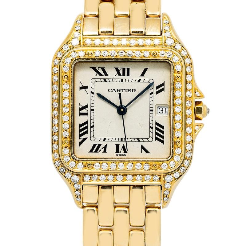 Cartier Panthere Jumbo W25014B9 Quartz 18k YG Diamond Ivory Dial Unisex 29mm: Case Size 28mm Wrist Fit 7 inches Box no Papers no Condition ‚€ Used Good Full Specifications Brand Cartier Customized Yes Serial 10602 MG2xxxxx Gender Women Band Material 18k Yellow