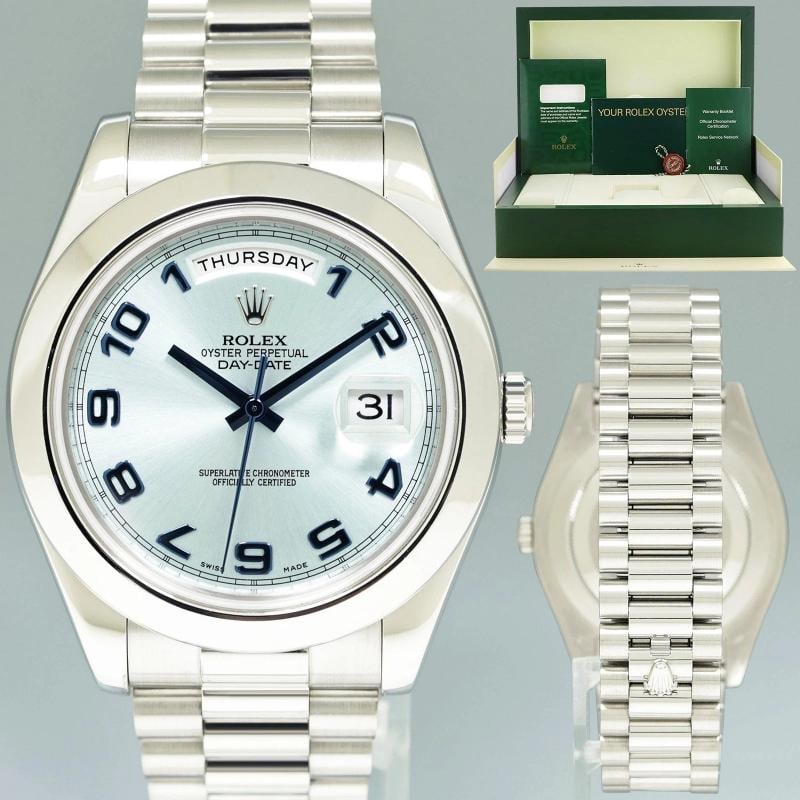 2014 MINT Rolex DayDate 41mm Blue Arabic Numeral Platinum President 218206: Brand Rolex Guaranteed Authentic Model DayDate II President Reference Number 218206 Serial Number Random Gender Mens Metal Platinum Case Size 4100mm Wrist Size This watch will currently comfortably fi