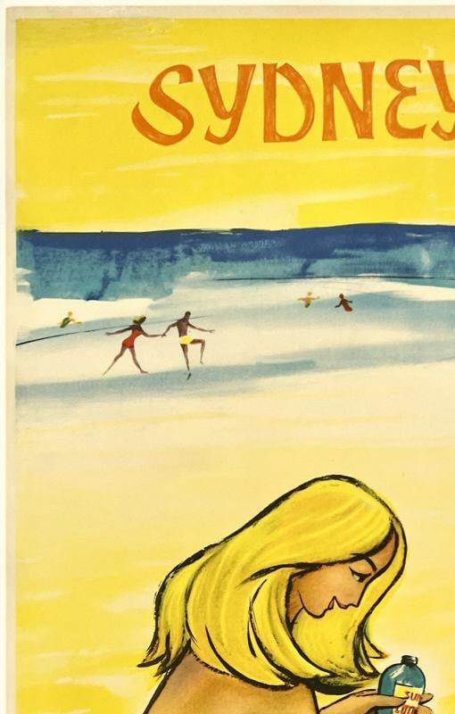 Original Vintage Poster AIR INDIA SYDNEY Airline Travel Tourism Australia LINEN - 2