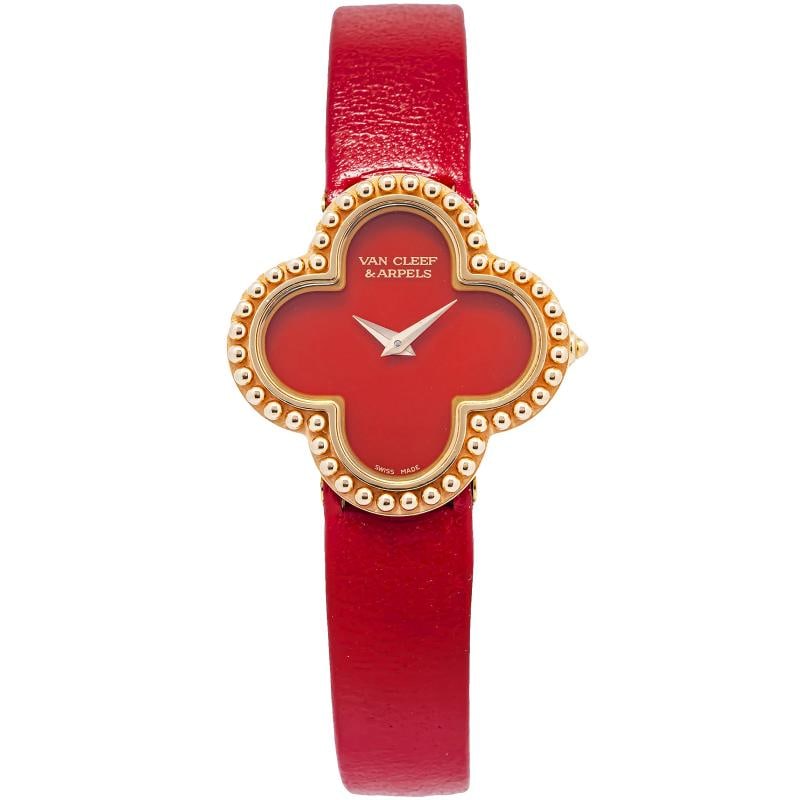 Van Cleef Arpels Alhambra 236574 18K YG Carnelian Dial Quartz Lady Watch 26mm: Case Size 26mm26mm Wrist Fit 6 inches Box No Papers No Condition ‚€ Used Like New Full Specifications Brand Van Cleef Arpels Model Alhambra Customized No Serial HH4XXXX Gender Ladies