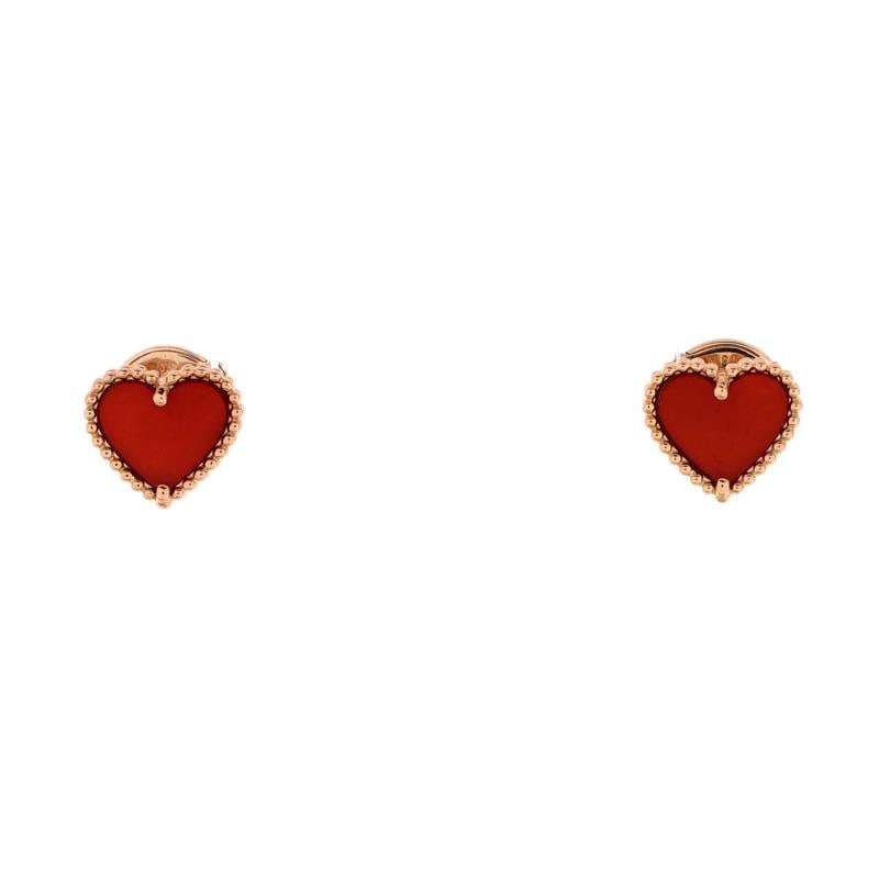 Van Cleef Arpels Sweet Alhambra Heart Earrings 18K Rose Gold with Carnelian: Measurements HeightLength 805 mm Width 35 Condition Preowned GoodBrand Van Cleef ArpelsMain Stone UnknownMetal 18K Rose GoldMetal Purity 18KStyle EarringsType EarringsColor Rose GoldMaterial 18K