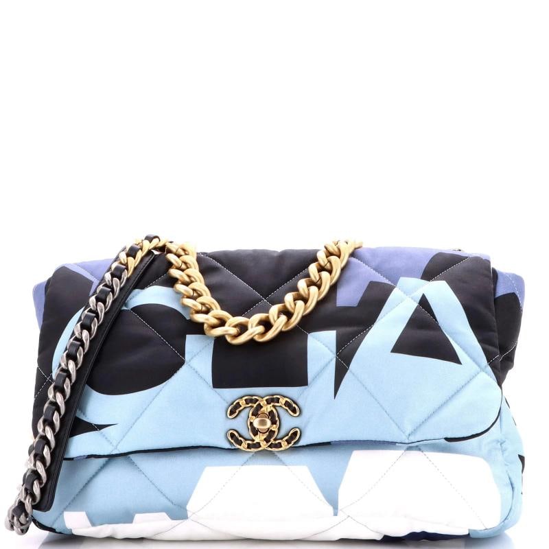 Chanel 19 Flap Bag Quilted Printed Silk Maxi: Measurements Handle Drop 5 Height 10 Width 135 Depth 4 Strap Drop 13 Condition Preowned ExcellentBrand ChanelExterior Material SilkStyle Shoulder BagsExterior Color BlueDepartment WomenSize Maxi 