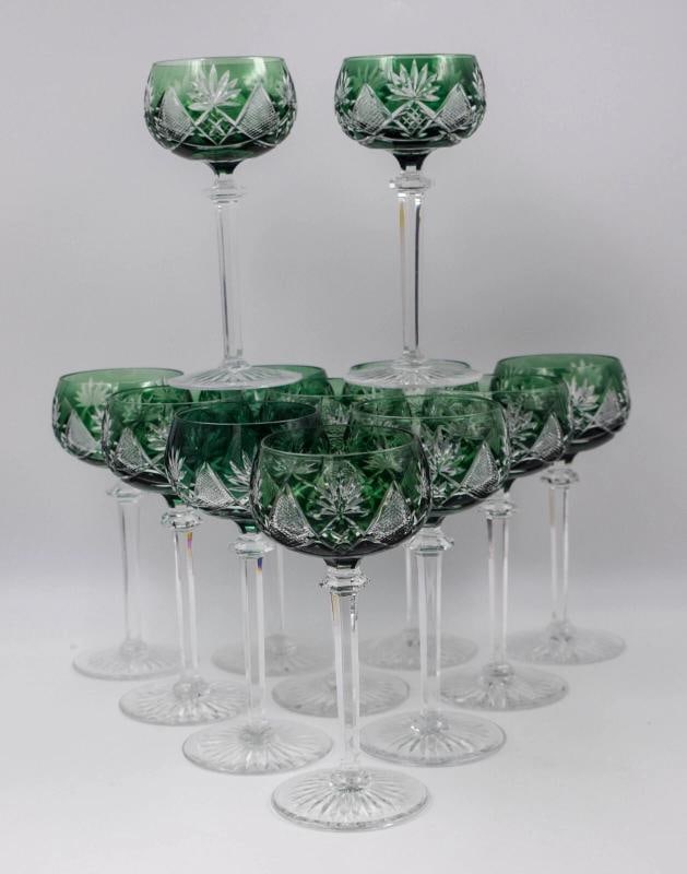 12 Val Saint Lambert Forest Green Berncastel Hock Wine Glasses Circa 1950 (1 of 7)