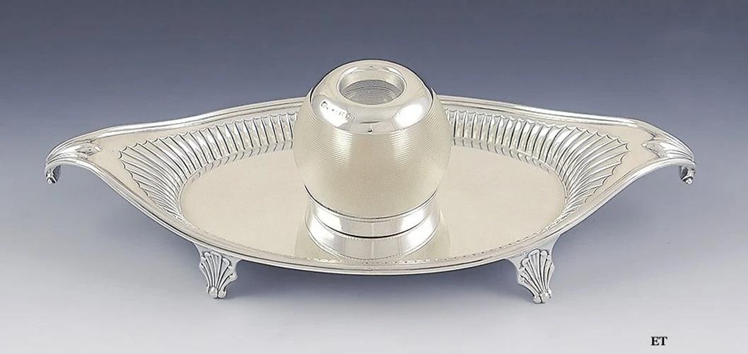 Antique Victorian 1885 English Sterling Silver Glass Inkwell Footed Tray: an antique English sterling silver and glass inkwell made in London in 1885 by Thomas Bradbury Sons This 19th century Victorian piece is beautifully crafted and well constructed The center inkwell is