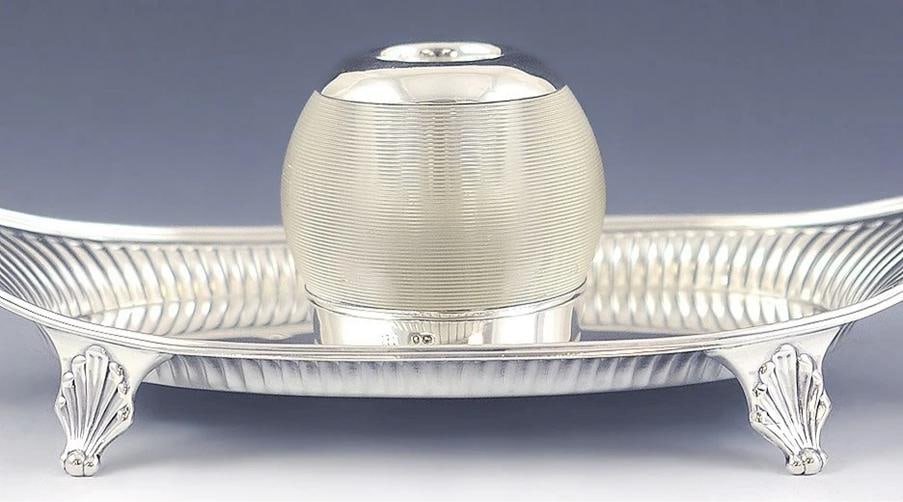 Antique Victorian 1885 English Sterling Silver Glass Inkwell Footed Tray - 2