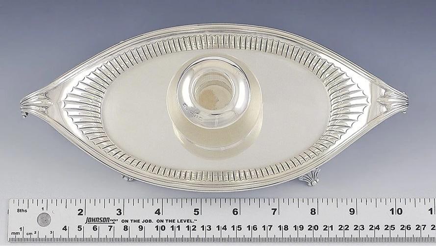 Antique Victorian 1885 English Sterling Silver Glass Inkwell Footed Tray - 3