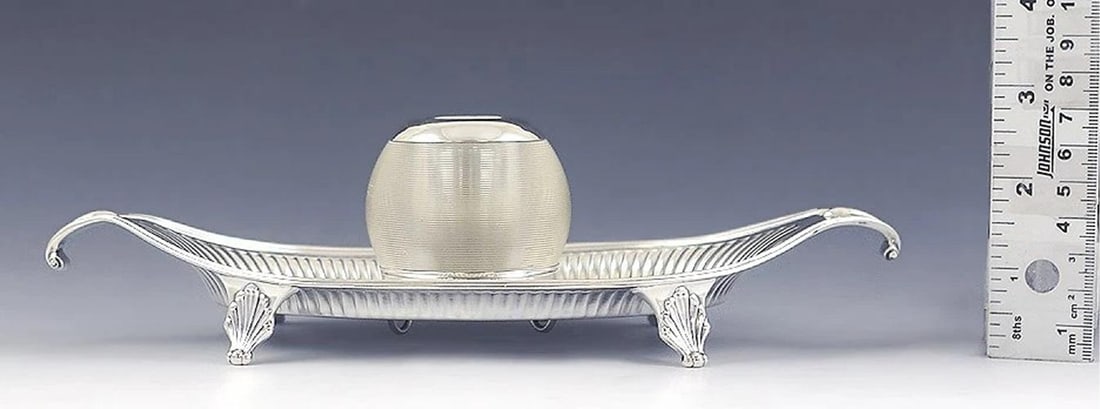 Antique Victorian 1885 English Sterling Silver Glass Inkwell Footed Tray - 4