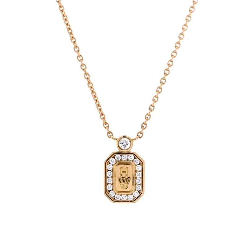 Harry Winston HW Logo Pendant Necklace 18K Yellow Gold with Diamonds: Condition Preowned GoodBrand Harry WinstonMain Stone DiamondMetal 18K Yellow GoldMetal Purity 18KStyle PendantType NecklaceColor Yellow GoldMaterial 18K Yellow Gold Diamond 