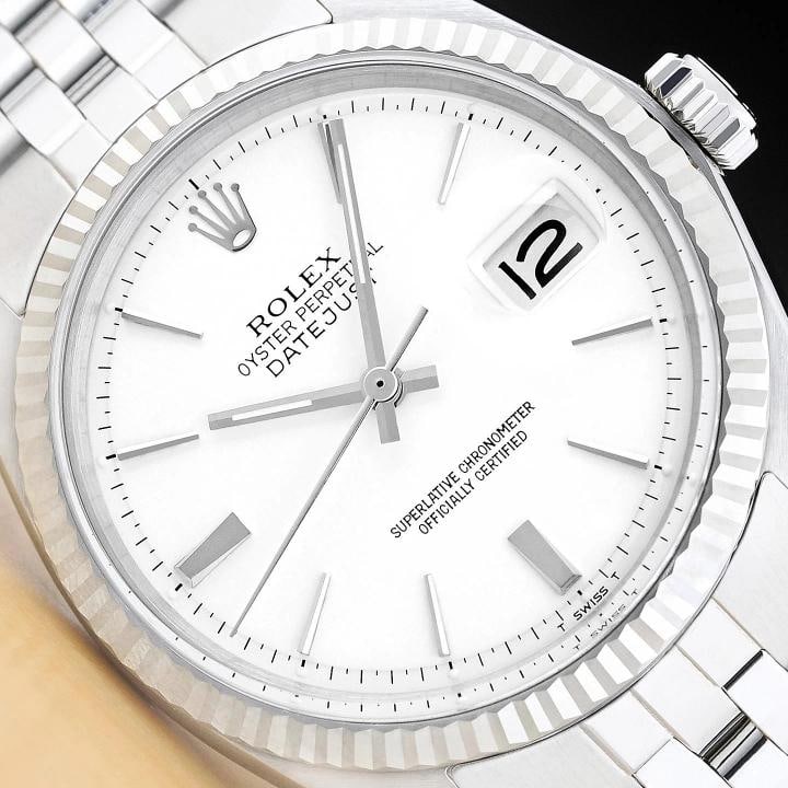 ROLEX DATEJUST 1601 WHITE DIAL 18K GOLD STAINLESS STEEL FOLDED BRACELET WATCH: Condition Preowned GoodBrand RolexDepartment MensDial Rolex Stick Dial RefBezel Rolex 18K White Gold Fluted BezelMovement Mechanical AutomaticFeatures 12Hour Dial Acrylic Crystal Chronometer Screwdown
