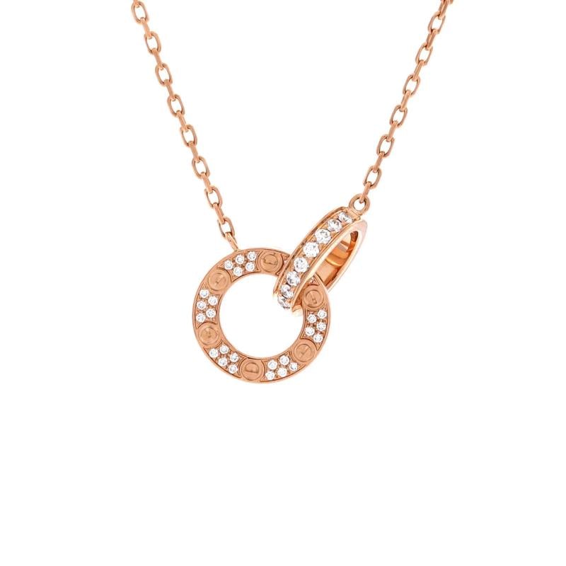 Cartier Love Interlocking Pave Necklace 18K Rose Gold and Diamonds: Measurements Length 1475 160 Pendant Length 075 Pendant Width 265 mm Condition Preowned GoodBrand CartierMain Stone DiamondMetal 18K Rose GoldMetal Purity 18KStyle NecklaceType NecklaceColor Rose Gold