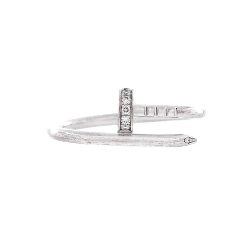Cartier Juste un Clou Ring 18K White Gold and Diamonds Small: Measurements Size 525 50 Width 180 mm Condition Preowned GoodBrand CartierMain Stone DiamondMetal 18K White GoldMetal Purity 18KRing Size 525 50Type RingColor White GoldStyle 18K White Gold And Diamon