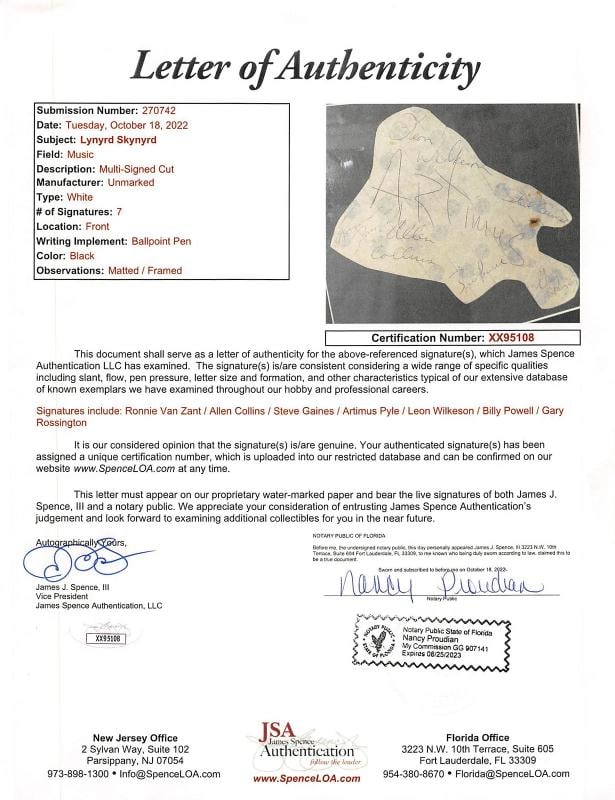 Lynyrd Skynyrd 7 Van Zant Collins Gaines Signed Framed Display JSA - 3