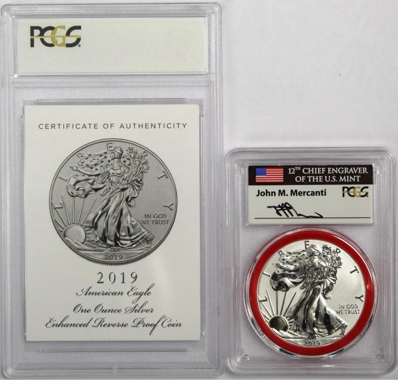 2019 S 1 Enhanced Reverse Proof Silver Eagle PCGS PR70 FDOI Mercanti Signature: Country of Origin United StatesComposition SilverCertification Number Coin pictured is the coin you will receiveStrike Type Enhanced Reverse ProofFineness 09993Grade PR70Precious Metal Content per