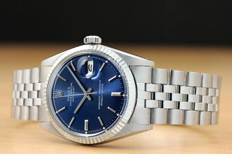 ROLEX MENS BLUE DIAL DATEJUST 1601 18K WHITE GOLD STAINLESS STEEL WATCH - 2