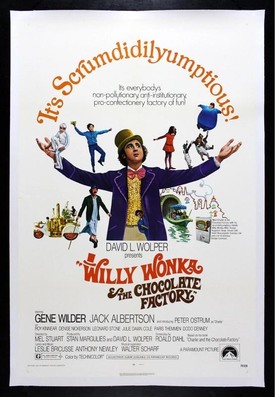 WILLY WONKA AND THE CHOCOLATE FACTORY MOVIE POSTER 1971: This is a genuine 27 x 41 US one sheet ORIGINAL MOVIE POSTER issued by the studio when the film was released in 1971 and meant for theatrical display Linen Backed ready for framing Not framed National