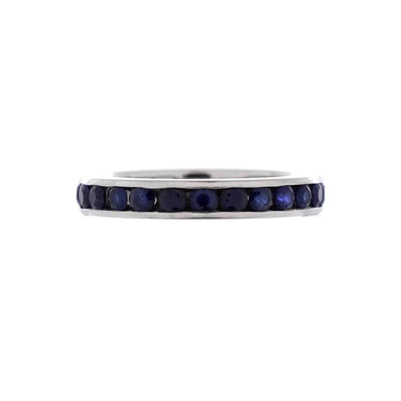 Tiffany Co Full Eternity Bang Ring Platinum with Sapphires: Condition Preowned GoodBrand Tiffany CoMain Stone UnknownMetal Platinum Pt950Metal Purity UnknownRing Size 45 48Type RingColor SilverStyle Platinum With SapphiresMaterial Platinum Sapphire 