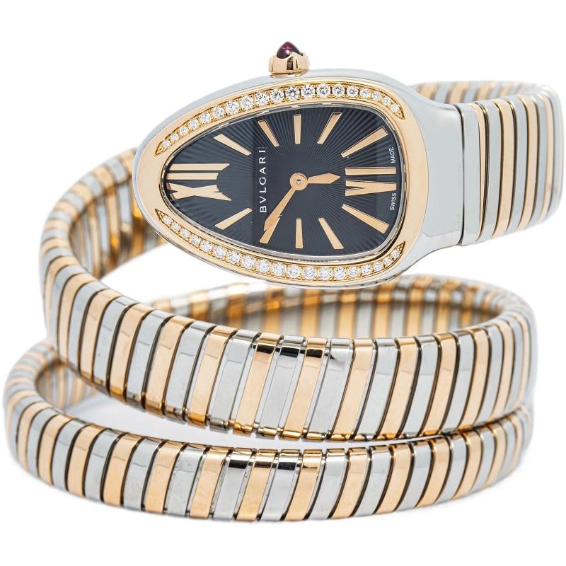 Bvlgari Serpenti Tubogas SP35SPG 18k TwoTone Black Dial Quartz Ladies Watch 35mm: Case Size 35mm Wrist Fit 75inches Box No Papers No Condition ‚€ Used Like New Full Specifications Brand Bvlgari Customized No Serial PO1xxxx Gender Women Band Material 18k Rose GoldS