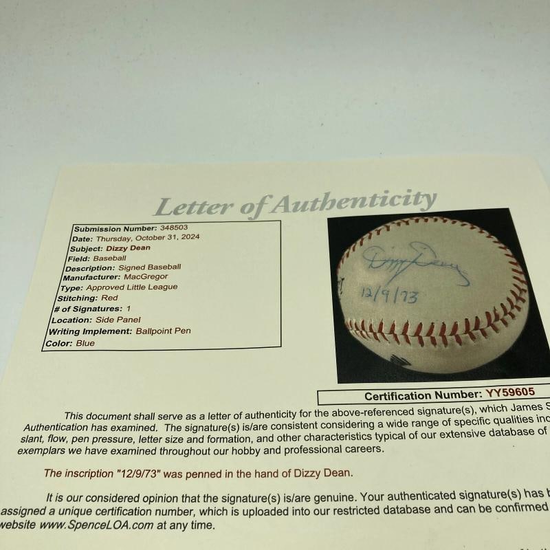 Mint Dizzy Dean Signed Vintage Baseball With JSA COA - 9