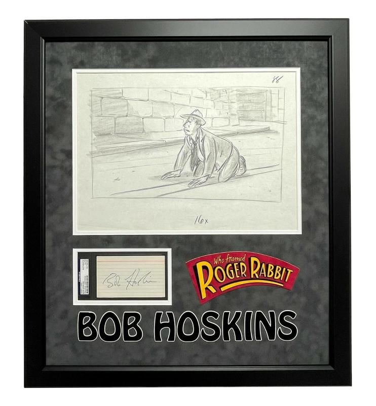 Bob Hoskins Signed Roger Rabbit Studio Used Storyboard Drawing Framed PSA COA: Movie Who Framed Roger RabbitOriginalReproduction OriginalObject Type PhotographSigned by Bob HoskinsAutograph Authentication Professional Sports PSADNAIndustry MoviesCountry of Origin United States 