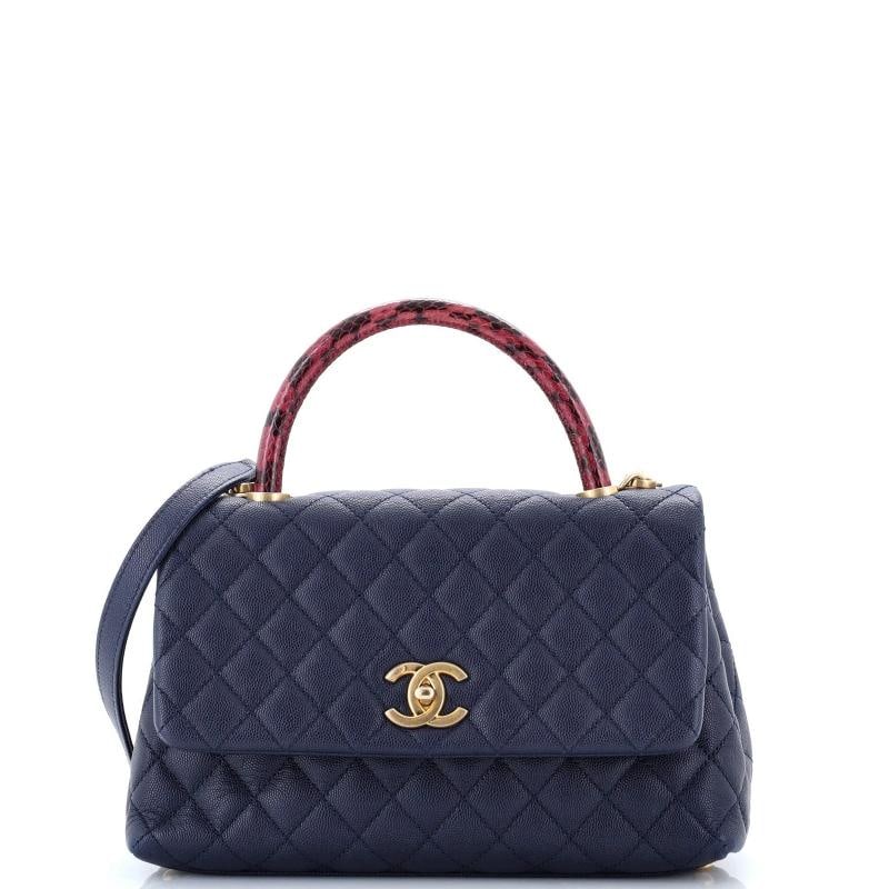 Chanel Coco Top Handle Bag Quilted Caviar with Lizard Small: Condition Preowned GoodBrand ChanelExterior Material Leather Exotic SnakeskinStyle Top HandleExterior Color BlueDepartment WomenSize SmallAccessories With Strap 