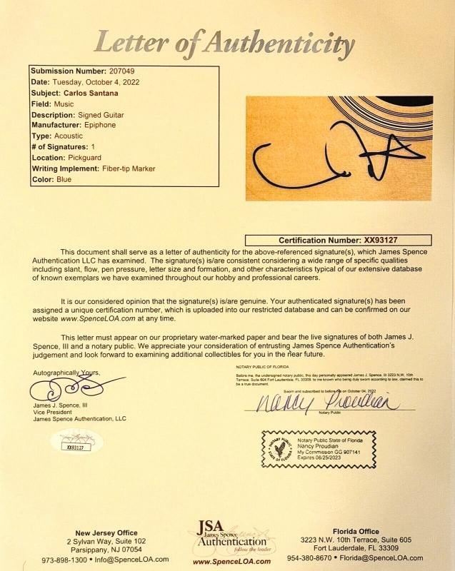 CARLOS SANTANA Signed Autograph Epiphone Acoustic Guitar JSA LOA wgraphics - 5