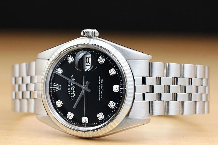 ROLEX MENS DATEJUST 1601 18K WHITE GOLD STAINLESS STEEL BLACK DIAMOND WATCH - 2