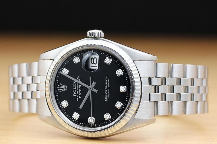 ROLEX MENS DATEJUST 1601 18K WHITE GOLD STAINLESS STEEL BLACK DIAMOND WATCH - 3