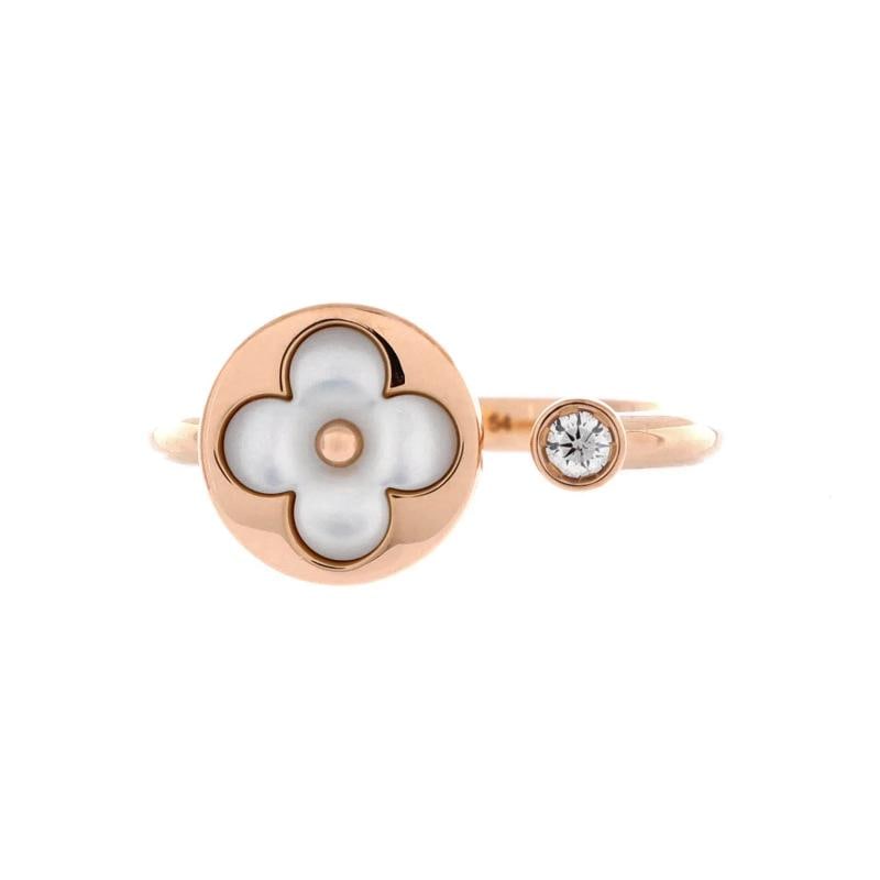 Louis Vuitton Color Blossom Mini Sun Ring 18K Rose Gold with Mother of Pearl: Condition Preowned GoodBrand Louis VuittonMain Stone DiamondMetal 18K Rose GoldMetal Purity 18KRing Size 675 54Type RingColor Rose GoldStyle 18K Rose Gold With Mother Of Pearl And DiamondMaterial 18K