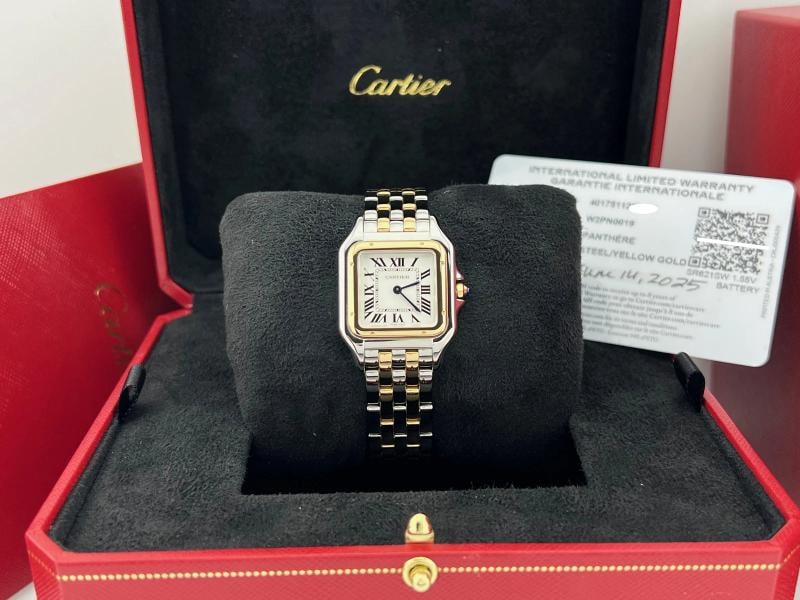 2025 Cartier Panthƒre Medium W2PN0019 29mm 18k Gold Stainless Steel Box Papers: Condition Preowned ExcellentCountry of Origin SwitzerlandBezel Color Gold YellowMovement QuartzIndices Roman NumeralsYear Manufactured 2025With Papers YesBandStrap BraceletReference Number W2PN0019Bra
