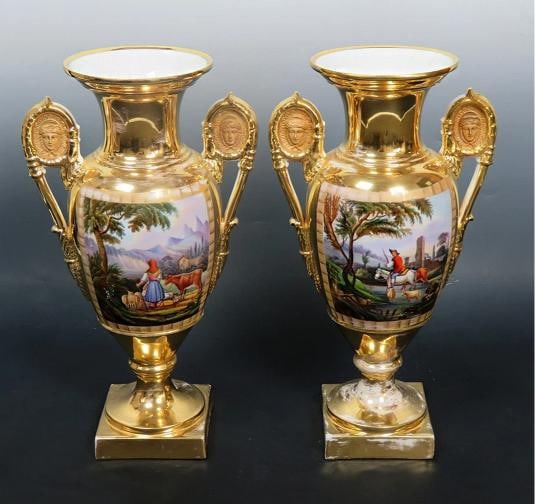 c1830s Fantastic Pair Paris Porcelain Gilt Hand Painted Grecian Urns: a fantastic pair of Paris porcelain urns These urns date to around the 1830s The urns are made in a classical Grecian form with square bases and double handles Each urn features a beautifully hand pai