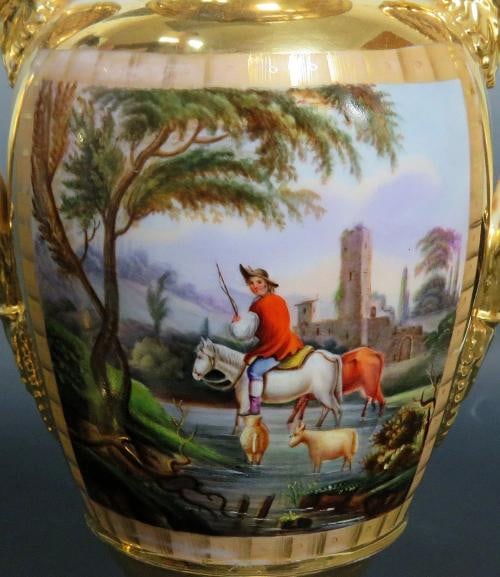 c1830s Fantastic Pair Paris Porcelain Gilt Hand Painted Grecian Urns - 2