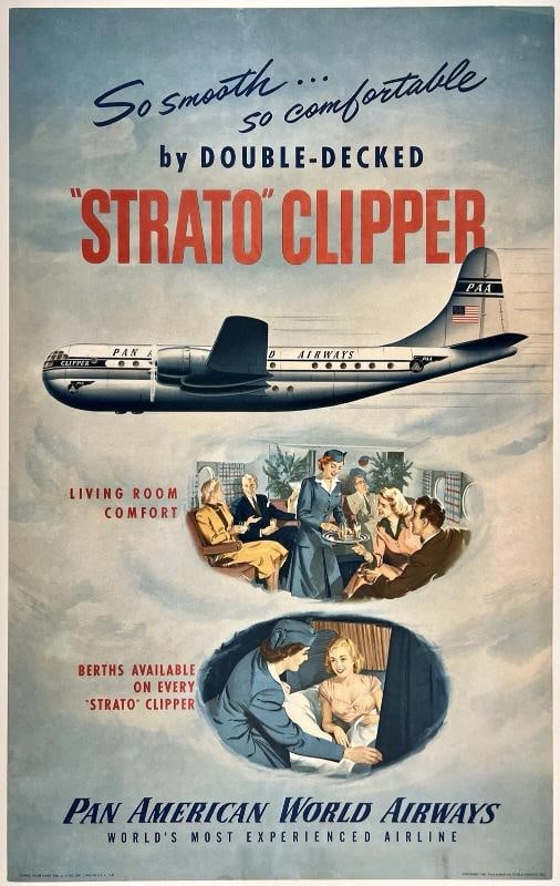 Original Vintage Poster PAN AM STRATO CLIPPER Airline Travel Tourism LINEN: Dimensions 25 x 402 in 635 x 102 cm Circa 1951 Original vintage PAN AM STRATO CLIPPER airline travel poster designed by an anonymous artist and printed circa 1951