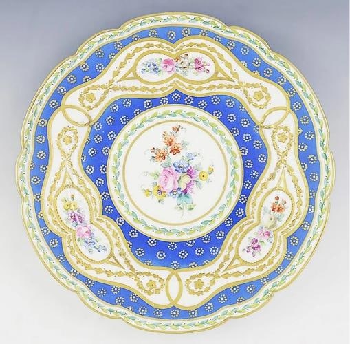 Fine ANTQ Set 12 Royal European Gilded Beaded Dinner Plates Floral Blue White - 2